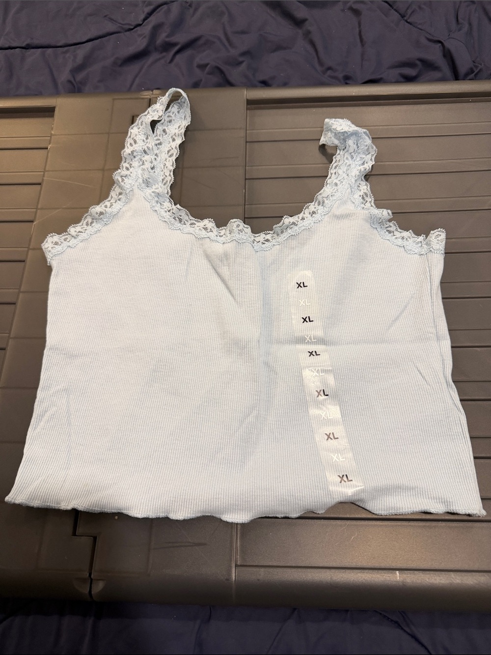 Lace-Trim Ribbed Tank Top - Light Blue